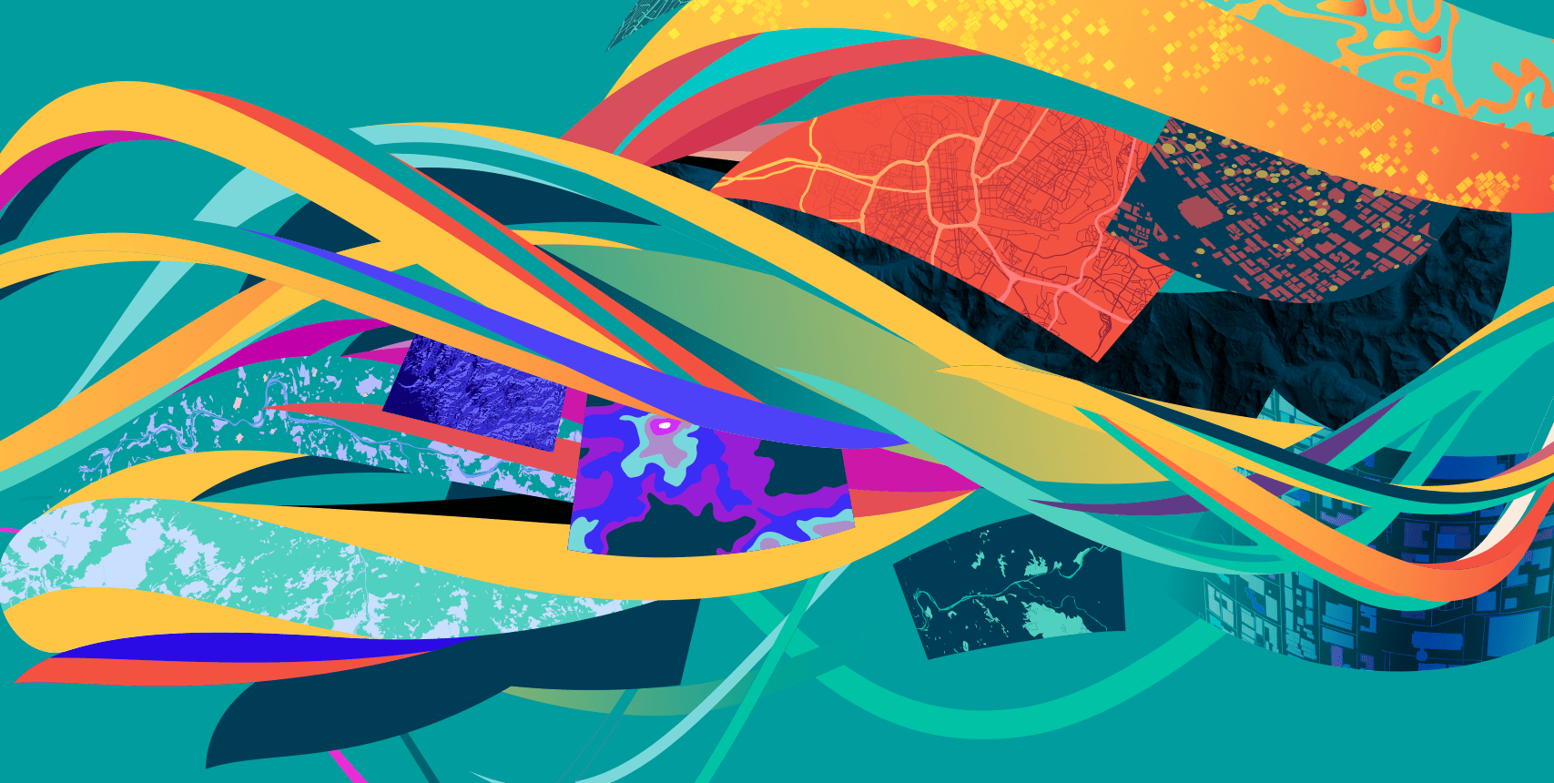 Bright waves of swirling colors with multiple map graphics intertwined, in teals, yellows, oranges, blues, reds, and purples