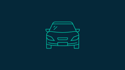 A simple line icon of the front view of a passenger vehicle in green lines on a dark blue background