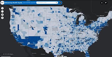 Map of the United States in shades of blue with various cities named and the words Advancing Health Equity with ArcGIS WebApp Builder at the top