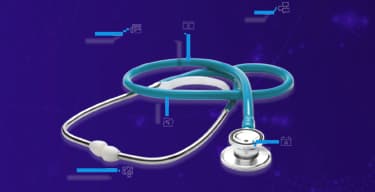Teal and silver stethoscope against a dark blue purple background with purple and teal bars and medical icons