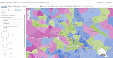 Screenshot of a map in shades of blue, pink, and green showing the distribution of seniors with disabilities across neighborhoods