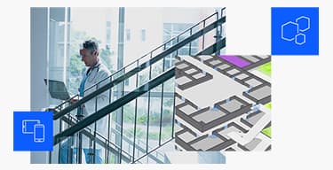 Doctor in a white coat with a stethoscope looking at a laptop as he walks upstairs against a glass wall and a rendering of a floor layout superimposed