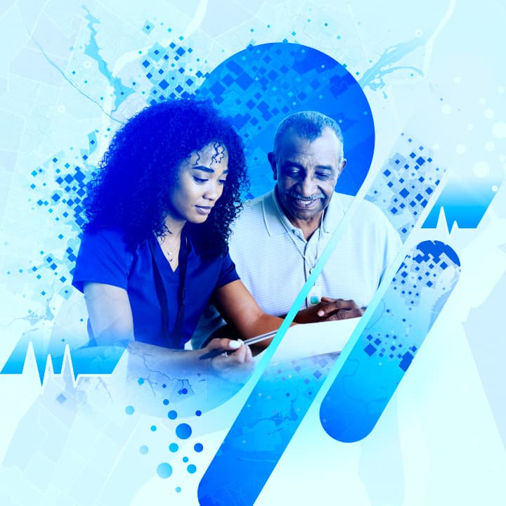 Two people looking at a tablet against an abstract background of map symbols in shades of blue
