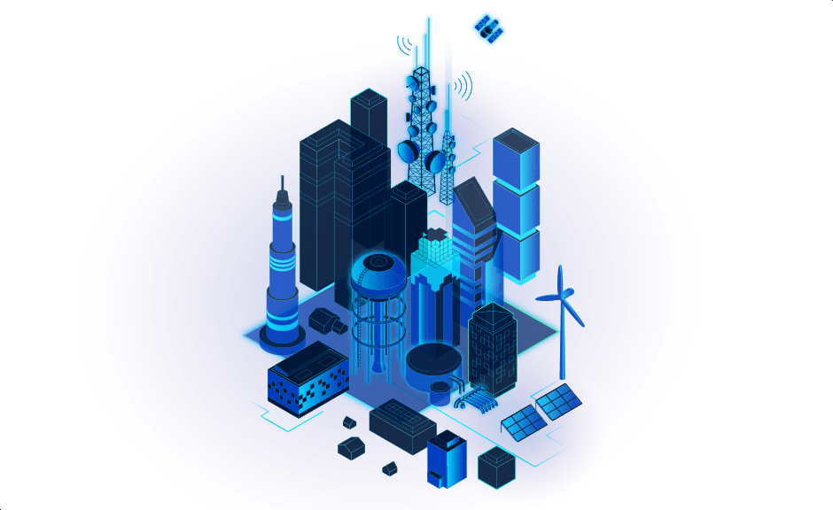 Blue 3D model city, showing buildings of various heights and shapes, solar panels, wind turbines, communications towers, and a satellite