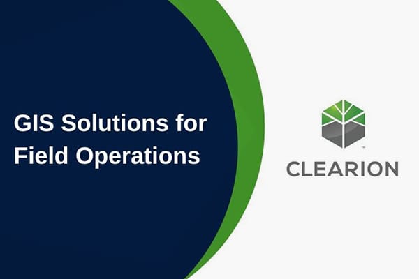Title, GIS Solutions for Field Operations on a green-bordered black semicircle, with the Clearion logo to the right