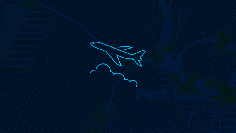 A simple line icon of the side view of an airplane over clouds in blue lines on a dark blue background