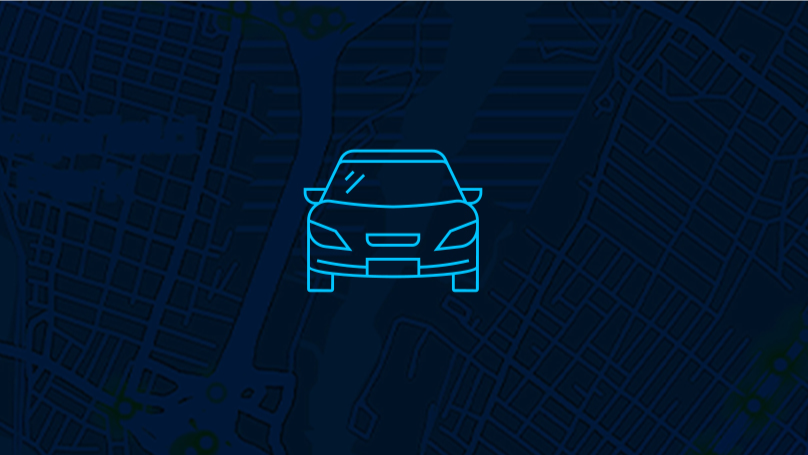 A simple line icon of the front view of a passenger vehicle in light blue lines on a dark blue background