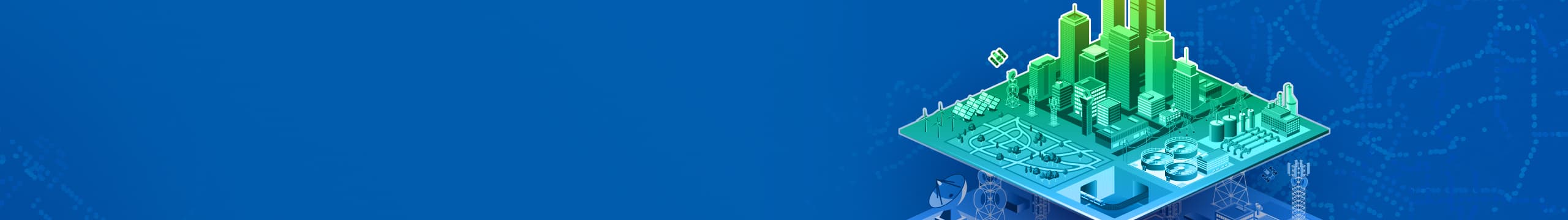 Graphics of city infrastructure showing buildings, communication towers, and utilities