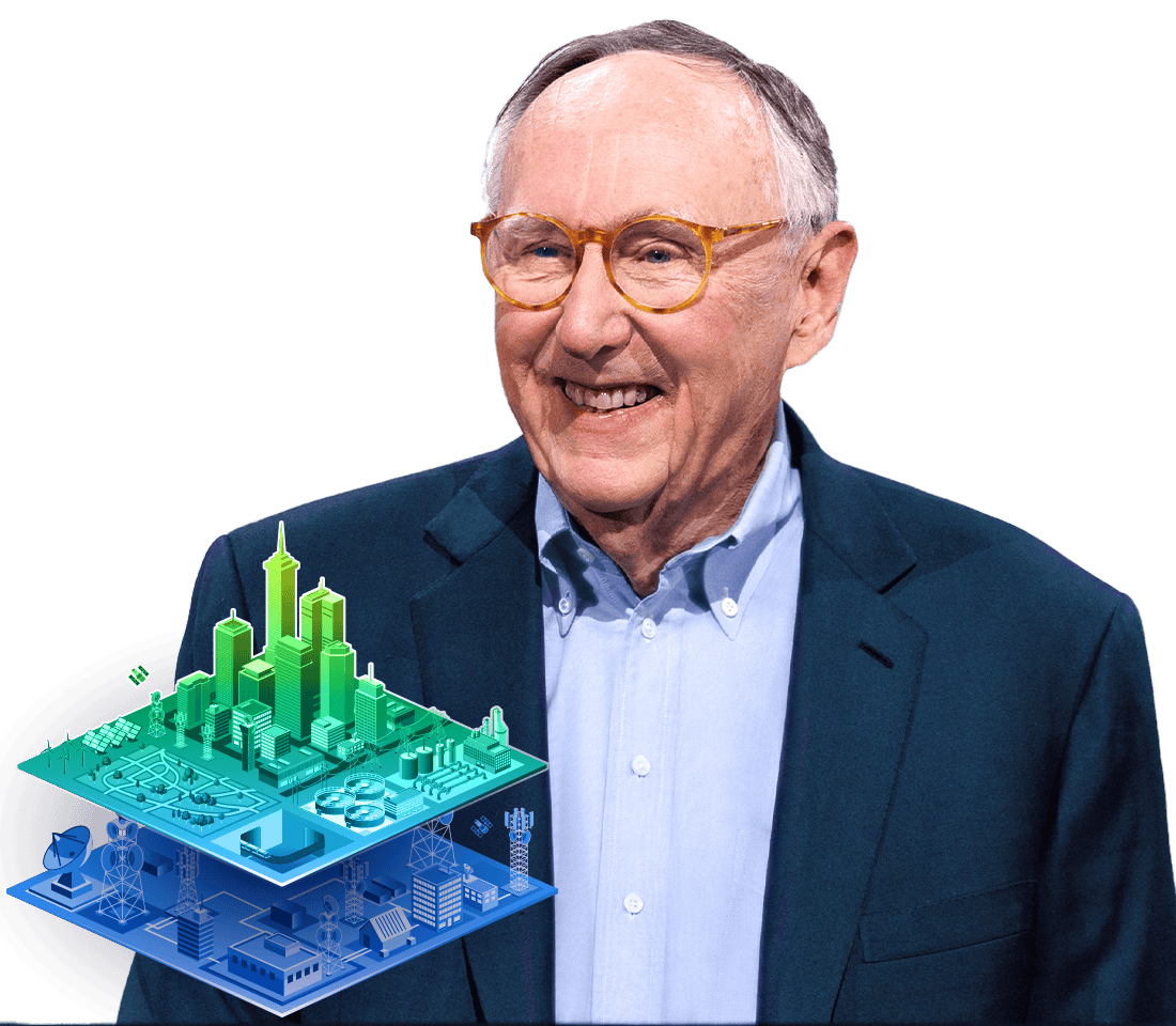 Portrait of Jack Dangermond smiling wearing a navy suit overlaid with a colorful multilayered 3D infrastructure model