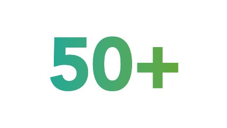 The number 50 followed by a plus sign in bold green-yellow typography.
