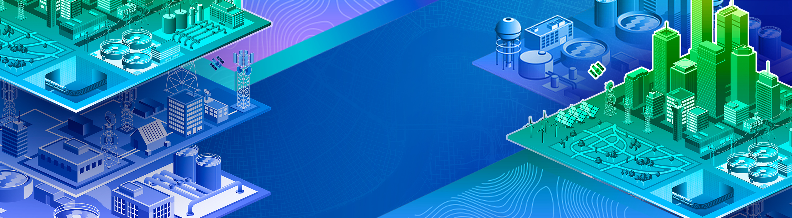 Layered smart city illustration showing buildings, infrastructure, and technology components on a blue background