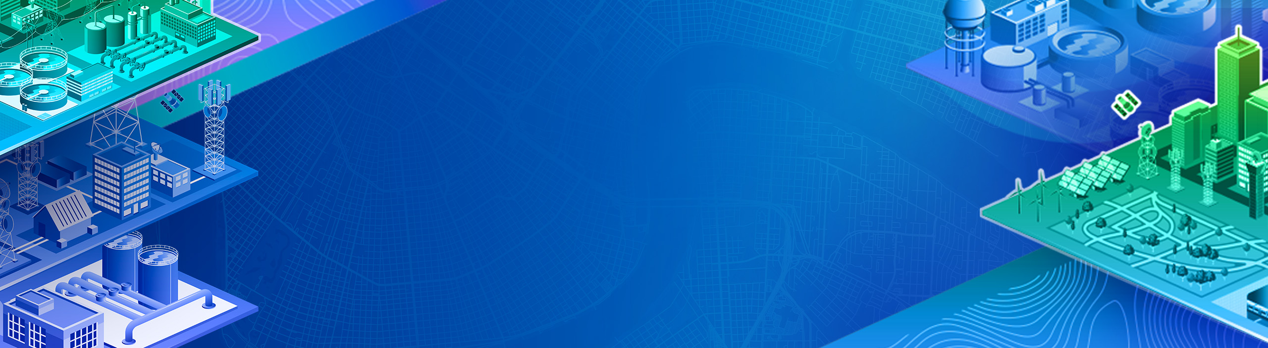 Layered smart city illustration showing buildings, infrastructure, and technology components on a blue background