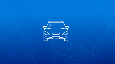 A simple line icon of the front view of a passenger vehicle in white lines on a blue background