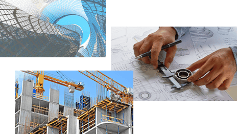 Montage of a swirling, open-grid architectural detail, hands using drafting tools, and a building under construction