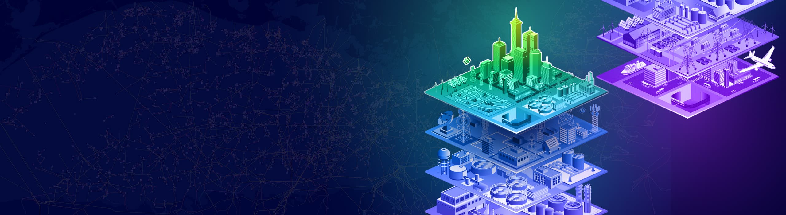 Two 3D stylized models of cities, each layer showing a different level of infrastructure