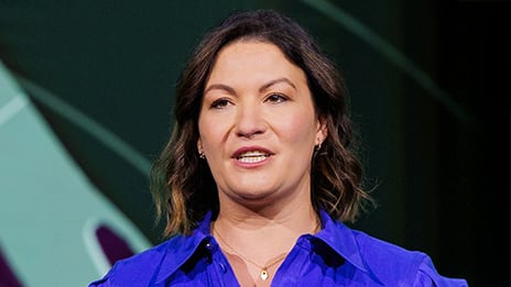 Dark haired presenter wearing a bright blue shirt speaks at the International IMGIS event