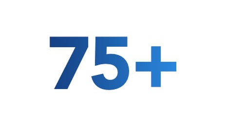 The number 75 followed by a plus sign in bold blue typography.