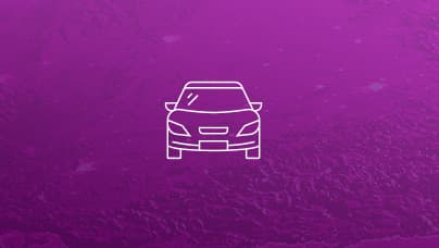 A simple line icon of the front view of a passenger vehicle in white lines on a purple background