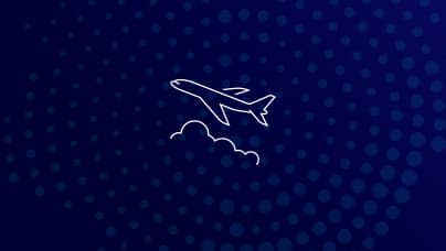 A simple line icon of the side view of an airplane over clouds in white lines on a dark blue background