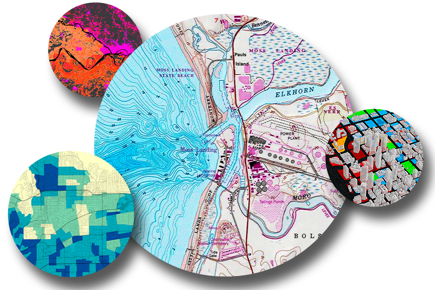 Circles containing colorful maps grouped together on a dark background