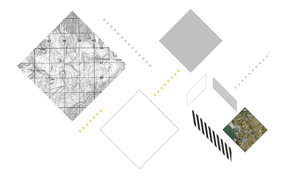 A topographic map and 3D rendering of a city on a dark gray backdrop with yellow, white, and dark gray shapes and patterns.