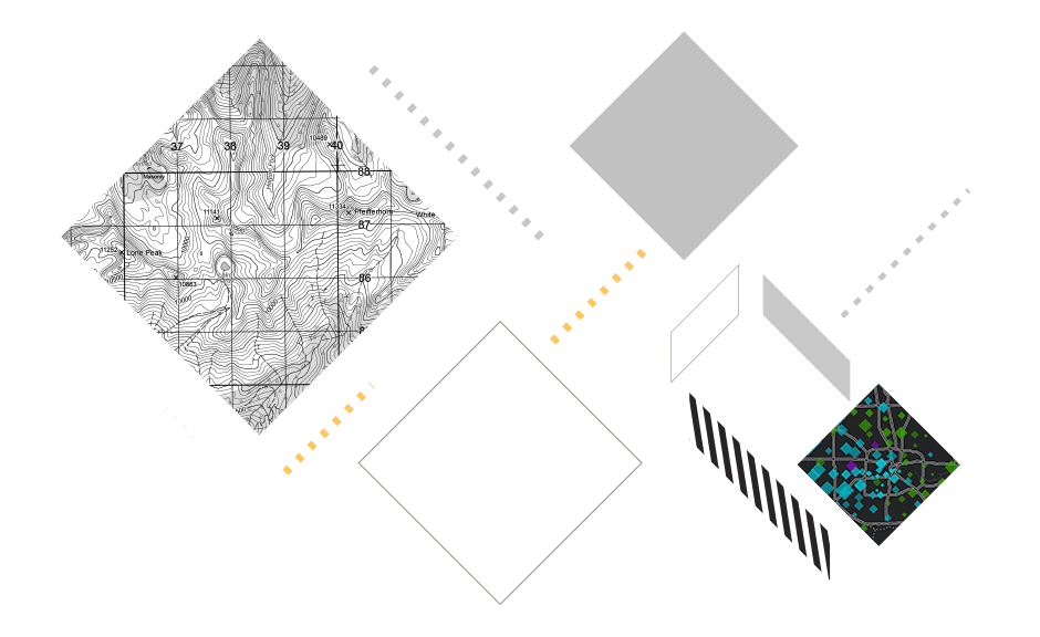 A topographic map and 3D rendering of a city on a dark gray backdrop with yellow, white, and dark gray shapes and patterns.