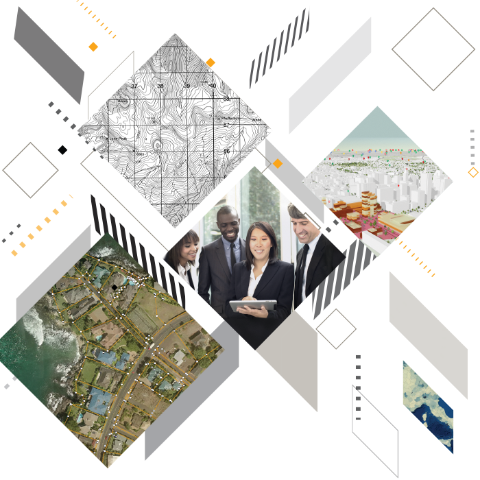 A topographic map, a 3D rendering of a city, an aerial image of a coastal neighborhood, and a photo of businesspeople.