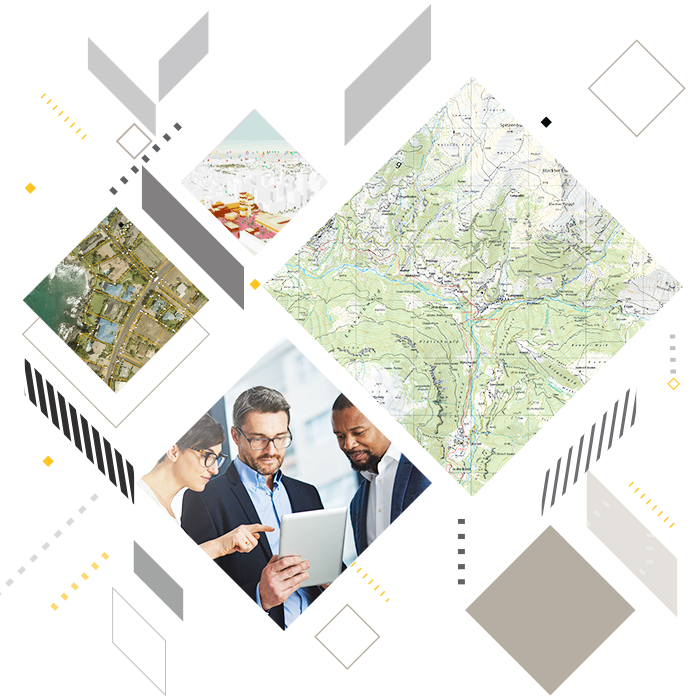 Three people in business attire looking at a tablet, a topographic map of Switzerland, 3D city graphic, and aerial view parcel map