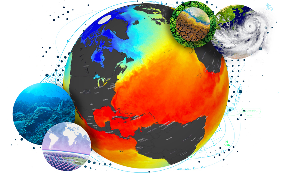 Globe displaying ocean temperatures by color and smaller globes with an underwater scene, eye of a storm, dry terrain, and data points from the Mariana Trench