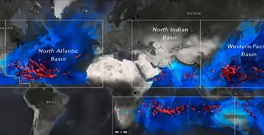 World map showing the North Atlantic Basin, North Indian Basin, and the Western Pacific Basin with portions shaded in red
