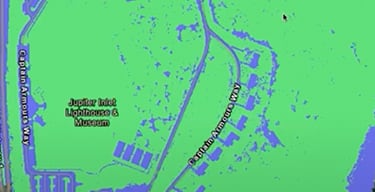 Green and blue rasterized street map of the Jupiter Inlet Lighthouse and Museum and the surrounding roads