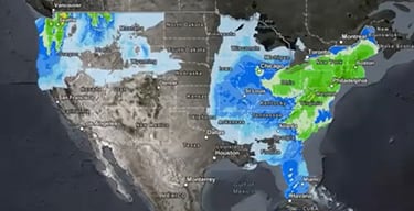 United States map showing colored weather patterns in the eastern states and the Pacific Northwest