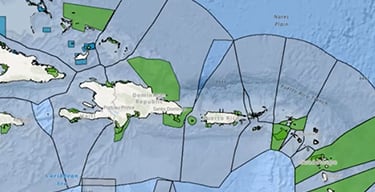 Map of the Caribbean islands showing protected marine areas