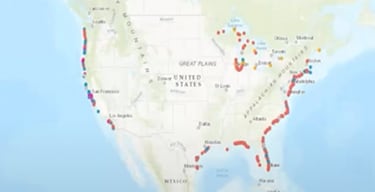 Map of the United States with data points along the coastlines