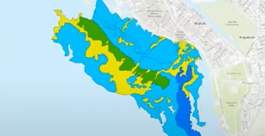 Map of a coastal city, with an ocean section highlighted in different colors