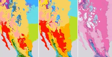 Three maps of the western United States, each showing different heat signatures