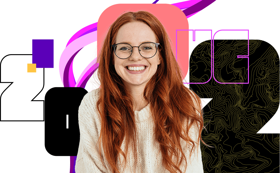 Happy person with long red hair and round glasses against a background of multicolored swirls and the number 2022