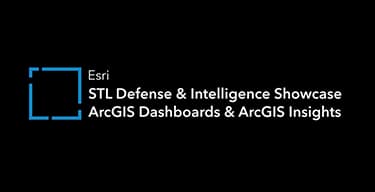 Black background with the blue open square Esri logo and the title STL Defense and Intelligence Showcase ArcGIS Dashboards and ArcGIS Insights in white