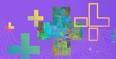 Purple background with wavy lines, orange, yellow, green, and red/yellow cross shapes, larger cross with multicolored map