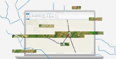 Drawing of laptop with linear map on screen and in the background, with slices of realistic maps across the middle