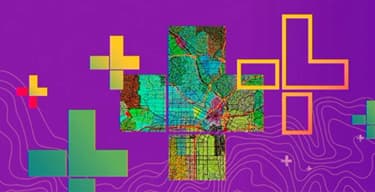 Purple background with wavy lines, orange, yellow, green, and red/yellow cross shapes, larger cross with multicolored map