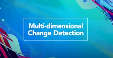 Turquoise background with dark red, teal, and blue swirls and dots and the title, Multi-dimensional Change Detection bordered by a white rectangle