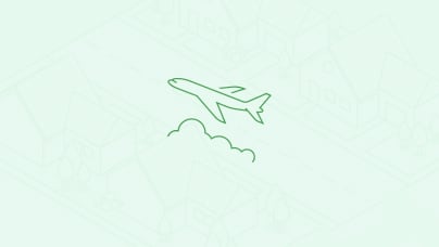 A simple line icon of the side view of an airplane over clouds in dark green lines on a light green background