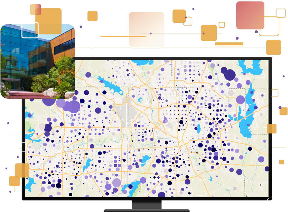 Orange squares overlaid on purple background with map image of important places and Esri headquarters in Redlands