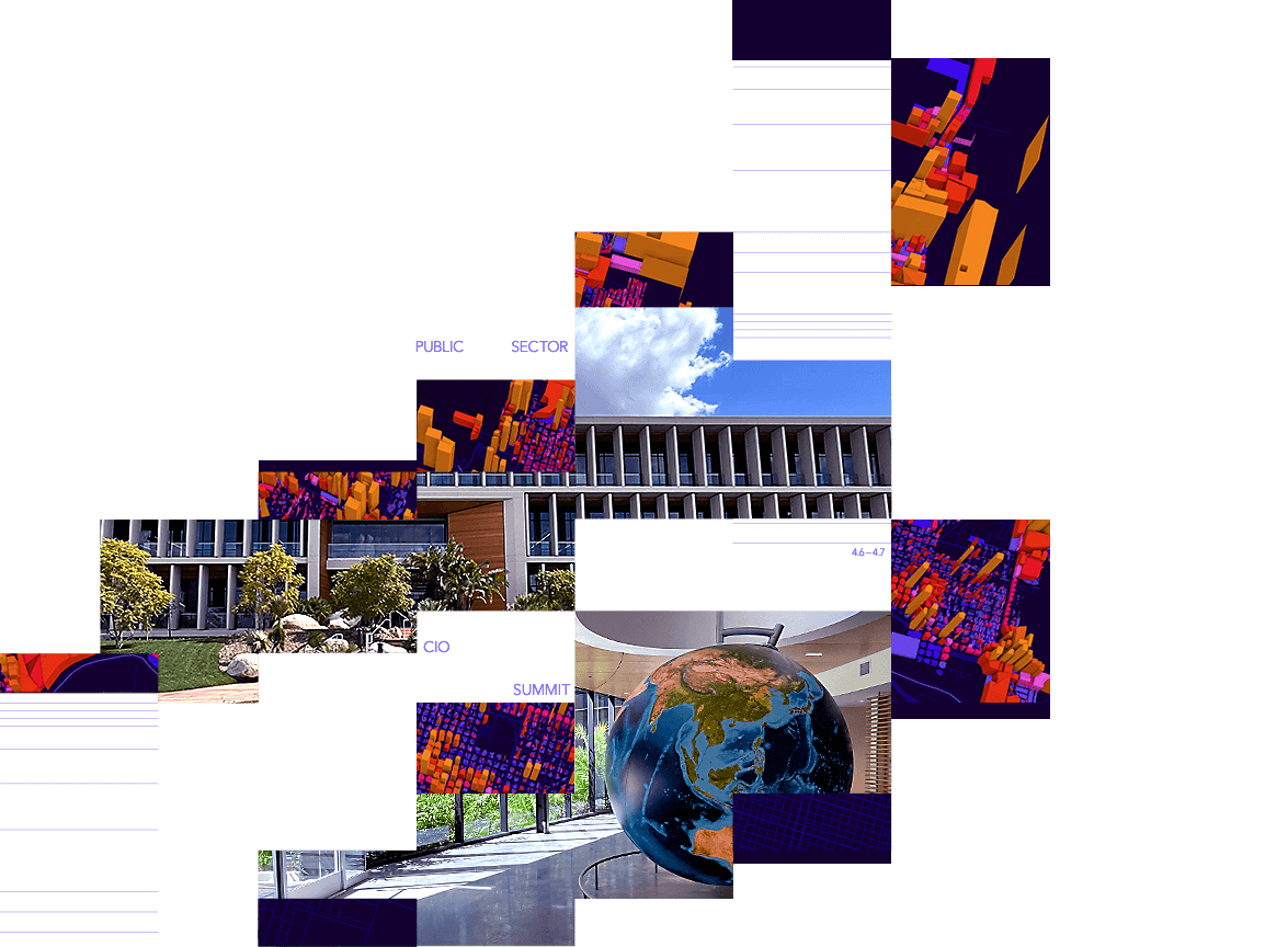 Mosaic-style rendering of 3 images: a globe inside a lobby area, an outdoor view of a building, and a 3D mapping graphic 