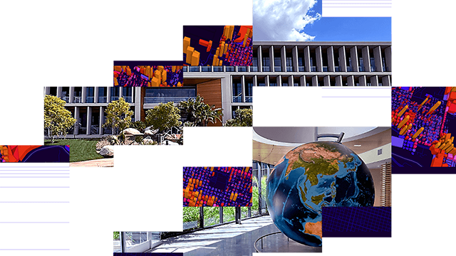 Exterior view of Esri headquarters and an interior view of the building with a large globe in the foreground