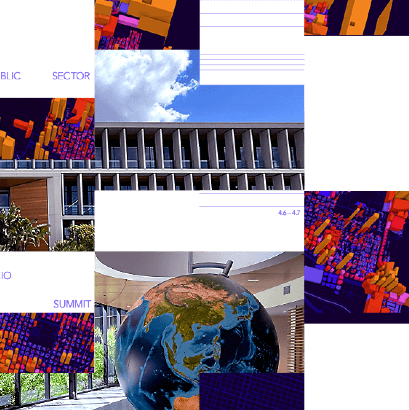 Exterior view of Esri HQ, an interior view of the building with a large globe in the foreground, and colorful mapping graphics