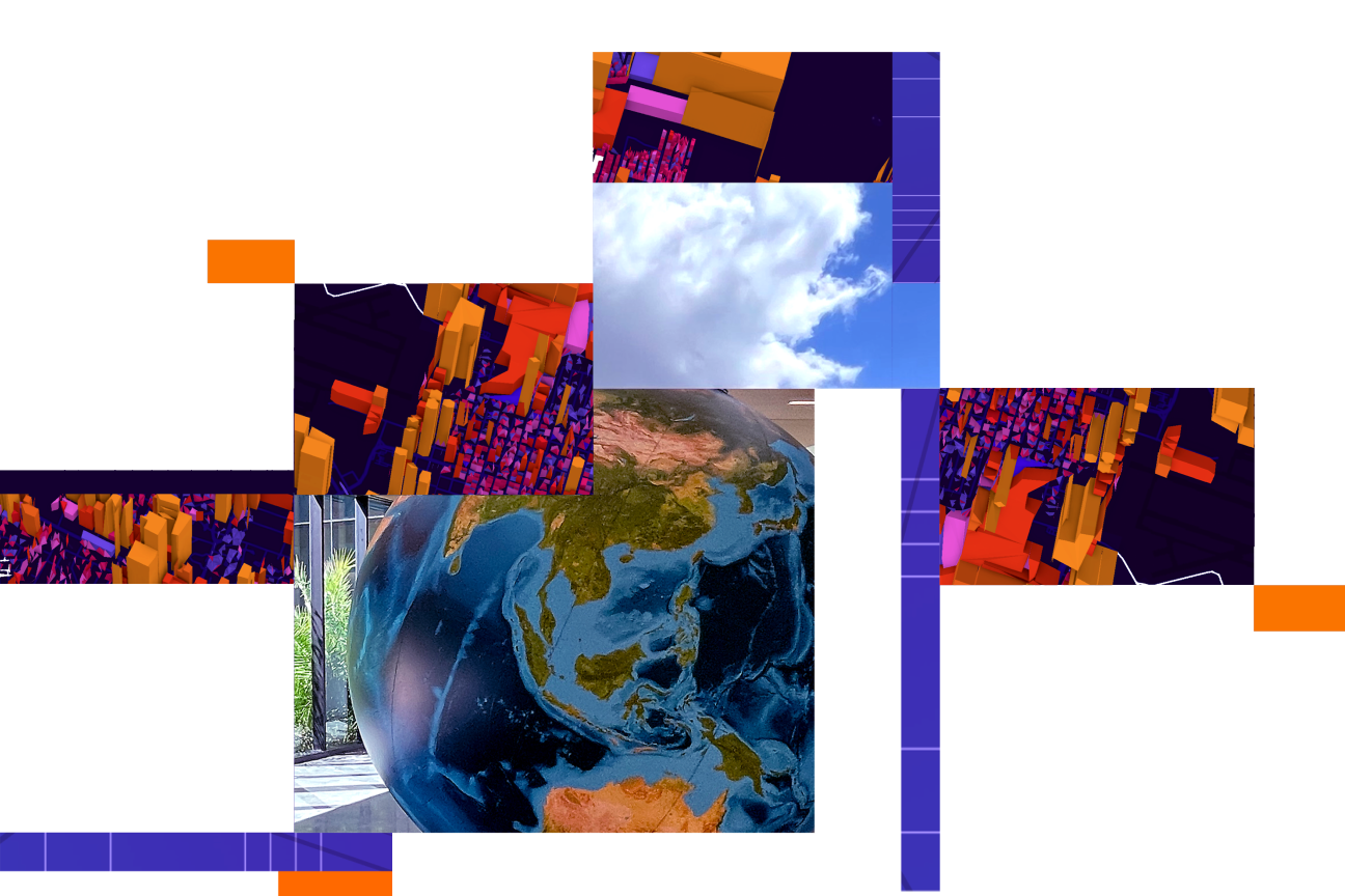 The large globe inside Esri headquarters, a cloud, and colorful prism maps arranged in a mosaic pattern over a purple backdrop