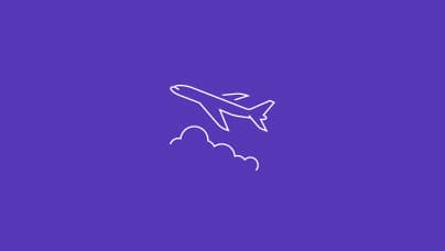 A simple line icon of the side view of an airplane over clouds in white lines on a purple background