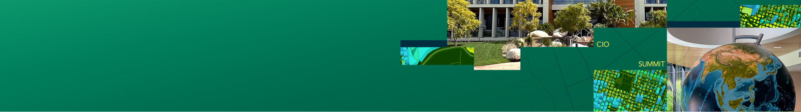 Green map background and a montage of portions of Esri’s main headquarters building, a map, and a large sculptural globe